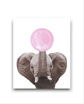 Schilderij  Olifant met Roze Kauwgom - Kinderkamer - Dieren Schilderij - Babykamer / Kinder Schilderij - Babyshower Cadeau - Muurdecoratie - 40x30cm - FramedCity