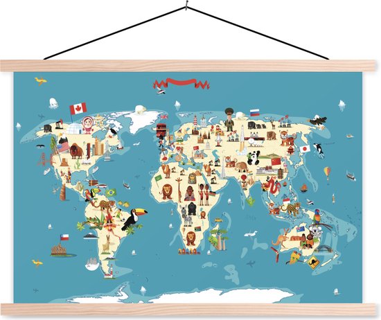 Posterhanger incl. Poster - Schoolplaat - Een cartoonillustratie van een kaart van de wereld met symbolen - 150x100 cm - Blanke latten