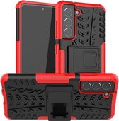 Voor Samsung Galaxy S21 FE Band Textuur Schokbestendig TPU + PC Beschermhoes met Houder (Rood)