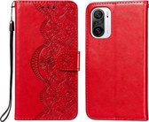 Voor Xiaomi Redmi K40 Flower Vine Embossing Pattern Horizontale Flip Leather Case met Card Slot & Holder & Wallet & Lanyard (Red)