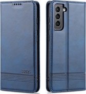 Voor Samsung Galaxy S21 FE AZNS Magnetische Kalf Textuur Horizontale Flip Leren Case met Kaartsleuven & Houder & Portemonnee (Donkerblauw)