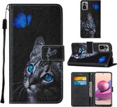 Voor Xiaomi Redmi Note 10S / Note 10 4G Cross Texture Painting Pattern Horizontale Flip Leather Case met houder & kaartsleuven & portemonnee & Lanyard (Blue Butterfly Cat Eyes)