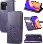 Voor OPPO A94 4G / F19 Pro vierbladige sluiting reliëf gesp mobiele telefoon bescherming lederen tas met lanyard & kaartsleuf & portemonnee & beugel functie (paars)