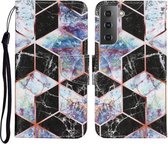 Voor Samsung Galaxy S21 FE Gekleurde tekening patroon Horizontale Flip PU lederen tas met houder & kaartsleuven & portemonnee & lanyard (zwart marmer)