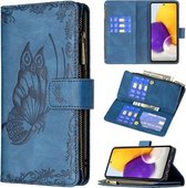 Voor Samsung Galaxy A72 4G / 5G Flying Butterfly Embossing Patroon Rits Horizontale Flip Leren Case met Houder & Kaartsleuven & Portemonnee (Blauw)