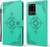 Voor Samsung Galaxy S20 Ultra Reliëf Fortune Bloem Patroon Horizontale Flip Leren Case met Houder & Kaartsleuf & Portemonnee & Lanyard (Groen)