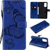 Voor OPPO A93 5G / A74 5G Geperst afdrukken Vlinderpatroon Horizontale flip PU lederen tas met houder & kaartsleuven & portemonnee & lanyard (blauw)
