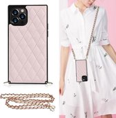 Elegant ruitpatroon van microvezelleer + TPU-schokbestendig hoesje met crossbody-riemketting voor iPhone 12 Pro Max (roze)