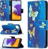 Voor Samsung Galaxy A22 5G Gekleurde Tekening Horizontale Flip Lederen Case met Houder & Kaartsleuven & Portemonnee (Gouden Vlinders)