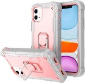 PC + Rubber 3-laags schokbestendige beschermhoes met roterende houder voor iPhone 11 (grijswit + roségoud)