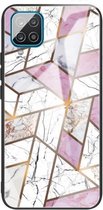 Voor Samsung Galaxy A12 5G Abstract Marble Pattern Glass beschermhoes (Rhombus White Purple)