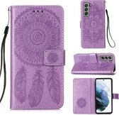 Voor Samsung Galaxy S21 FE Dream Catcher Printing Horizontale Flip Leather Case met houder & kaartsleuven & portemonnee & Lanyard (paars)