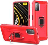 Voor Xiaomi Poco M3 koolstofvezel beschermhoes met 360 graden roterende ringhouder (rood)