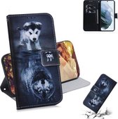 Voor Samsung Galaxy S21 FE Gekleurde tekening Horizontale flip lederen tas, met houder & kaartsleuven en portemonnee (Wolf en hond)