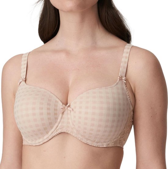 Nude voorgevormde beugel bh met ruitjespatroon en strikje middenvoor.