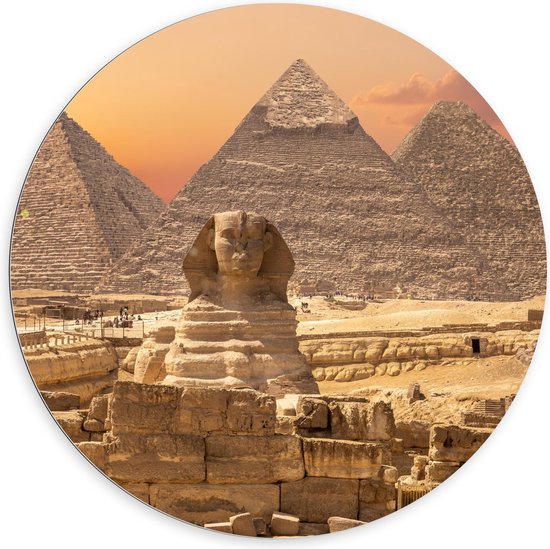 Dibond Wandcirkel - The Sphinx Beeld voor Piramides in Egypte - 100x100cm Foto op Aluminium Wandcirkel (met ophangsysteem)