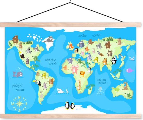 Carte du monde des enfants sur plaque d'école mur animal chambre d'enfant 60x40 cm lattes plates - poster textile