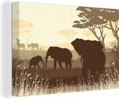 Canvas schilderij 150x100 cm - Wanddecoratie Illustratie van Afrikaanse olifanten met antilopen - Muurdecoratie woonkamer - Slaapkamer decoratie - Kamer accessoires - Schilderijen