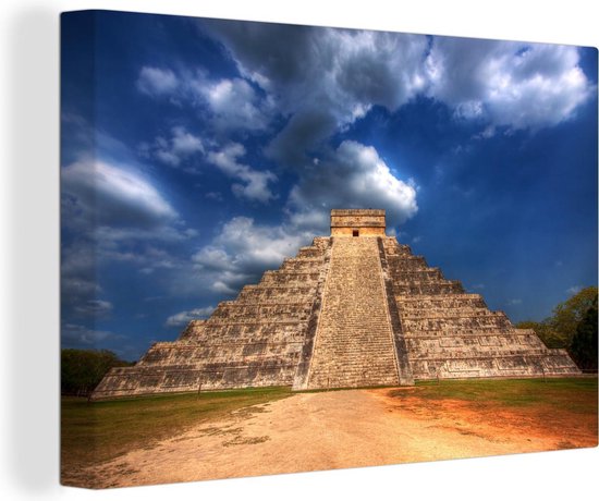 Canvas schilderij 180x120 cm - Wanddecoratie Maya-piramide van Kukulkan bij Chichén Itzá in Mexico - Muurdecoratie woonkamer - Slaapkamer decoratie - Kamer accessoires - Schilderijen
