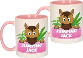 2x stuks 1x Jumping Jack beker / mok - roze met wit - 300 ml keramiek - paarden bekers