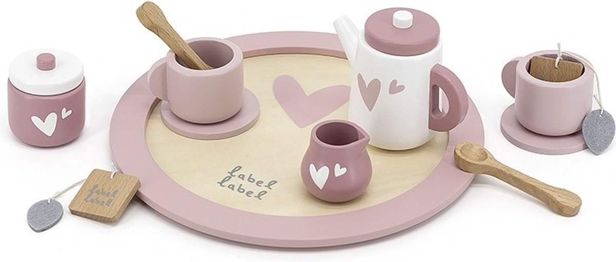 Label Label Houten Theeset - Houten Serviesset - Inclusief Theepot Kopjes en Accessoires - Stimuleert Fantasierijk Rollenspel - Vanaf 18 Maanden - Roze