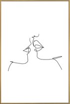 JUNIQE - Poster met kunststof lijst Oneline Kiss -13x18 /Wit & Zwart
