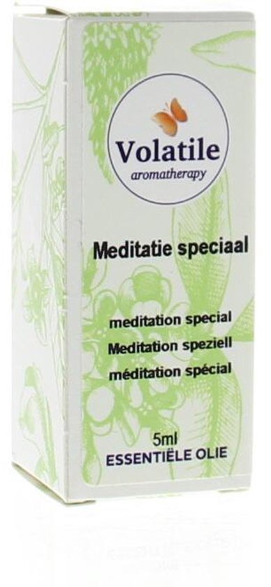 Doosje met Volatile Meditatie speciaal essentiële olie, 5 ml. Groene bloemendecoratie en vlinderlogo.