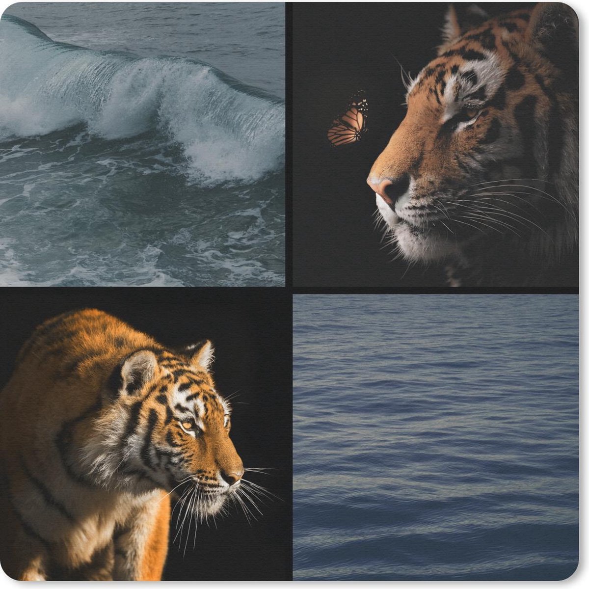 Muismat 30x30 cm - Mousepad Collage - Tijger - Vlinder - Zee - Muismatten