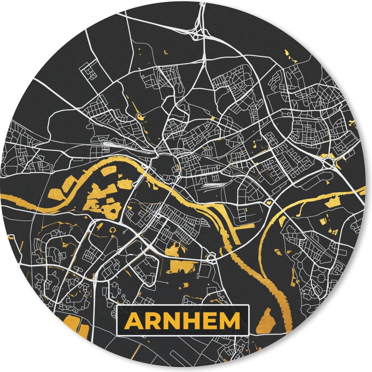 Muismat - Mousepad - Rond - Plattegrond - Arnhem - Goud - Zwart - 20x20 cm - Ronde muismat