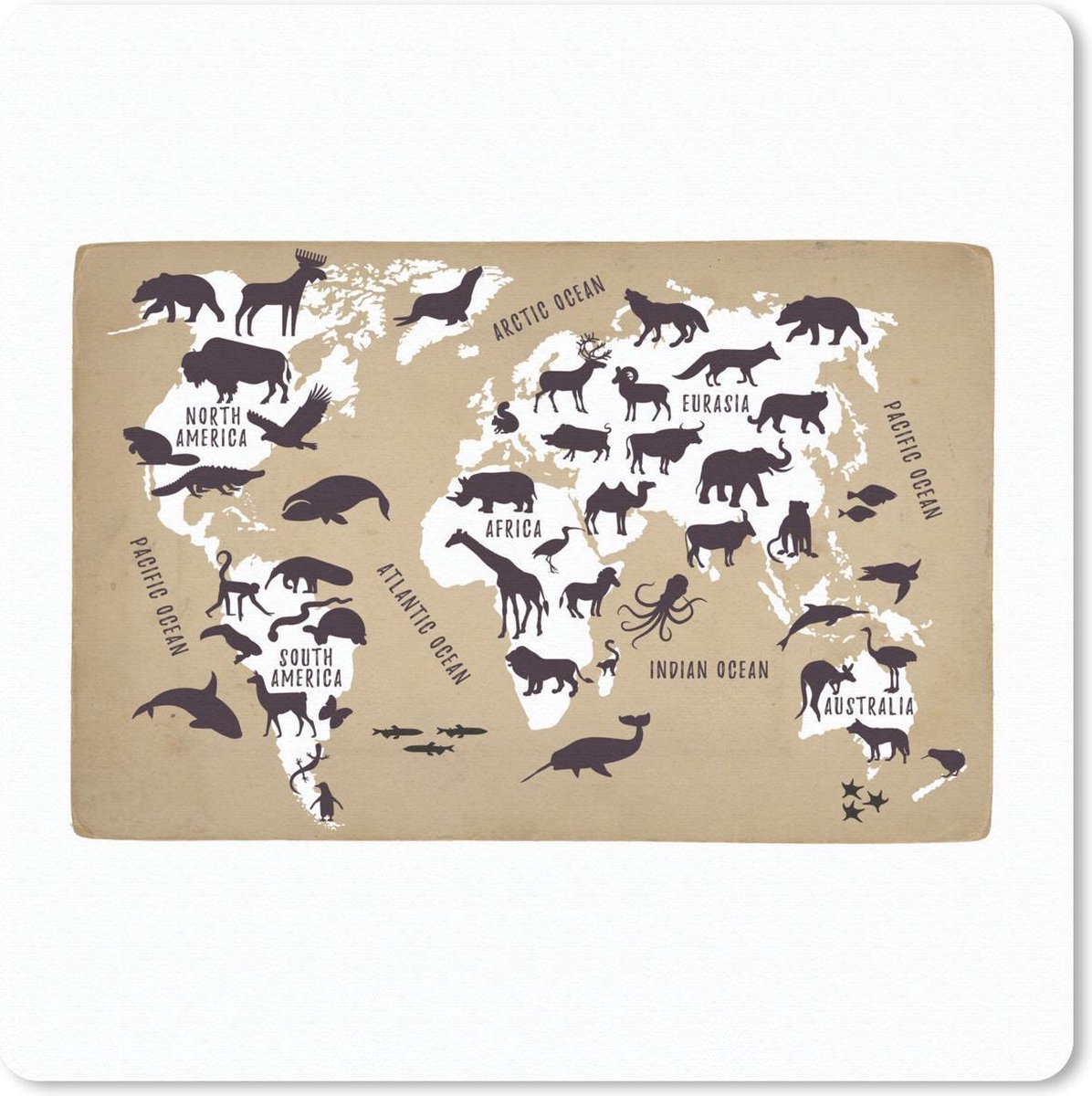 Muismat 20x20 cm - Mousepad Wereldkaart Kinderen - Wit - Dieren - Muismatten