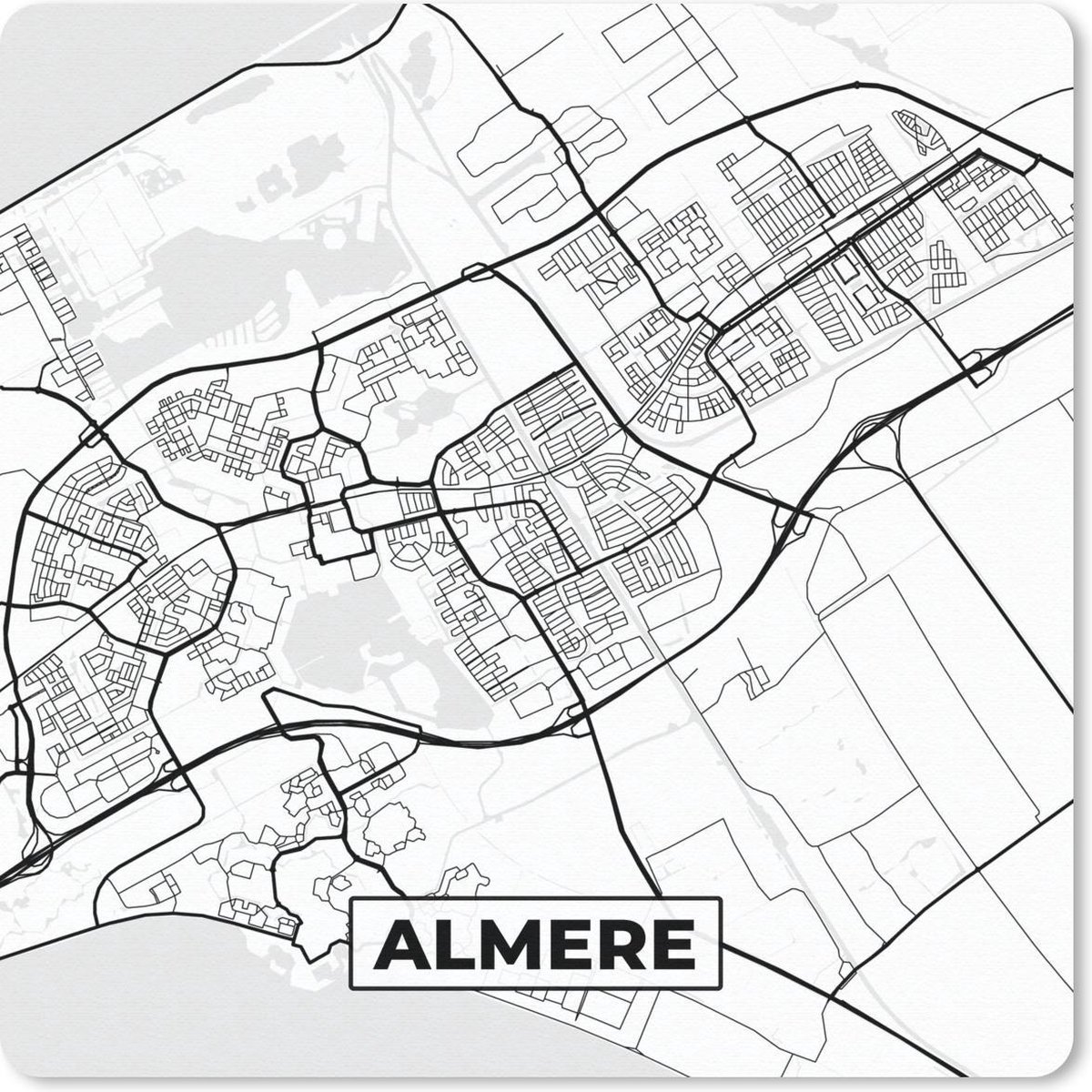 Muismat 20x20 cm - Mousepad Kaart - Almere - Zwart - Wit - Muismatten