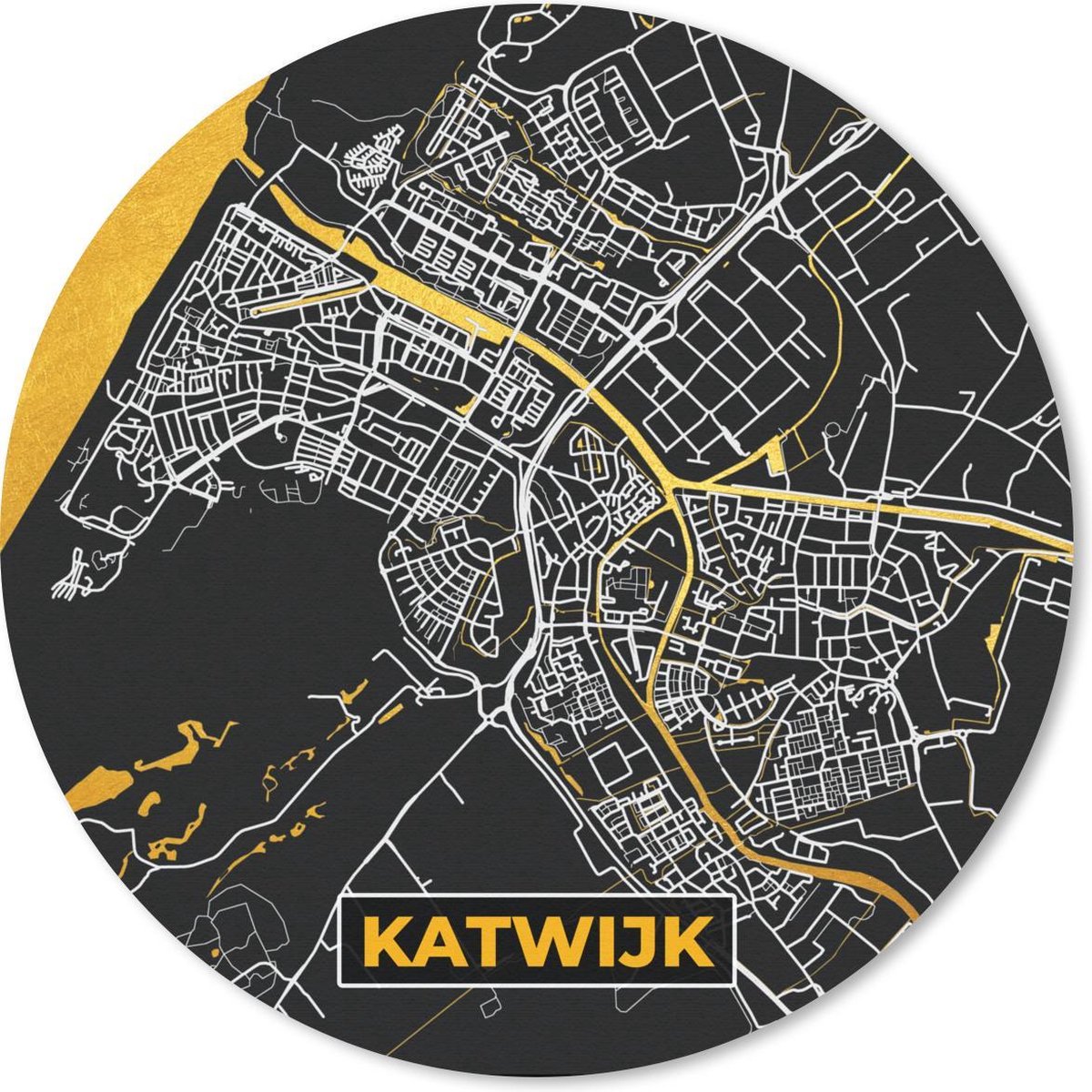 Muismat rond 20x20 cm - Mousepad Stadskaart - Katwijk - Goud - Zwart - Ronde muismatten