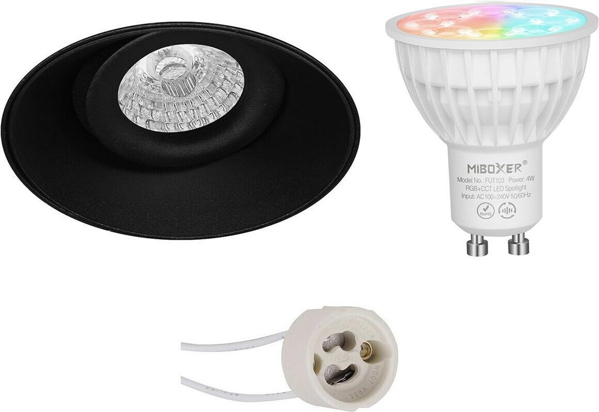 Mi-Light MiBoxer - LED Spot Set GU10 - Smart LED - Wifi LED - Slimme LED - 4W - RGB+CCT - Aanpasbare Kleur - Dimbaar - Proma Nivas Pro - Inbouw Rond - Mat Zwart - Trimless - Kantelbaar - Ø150mm