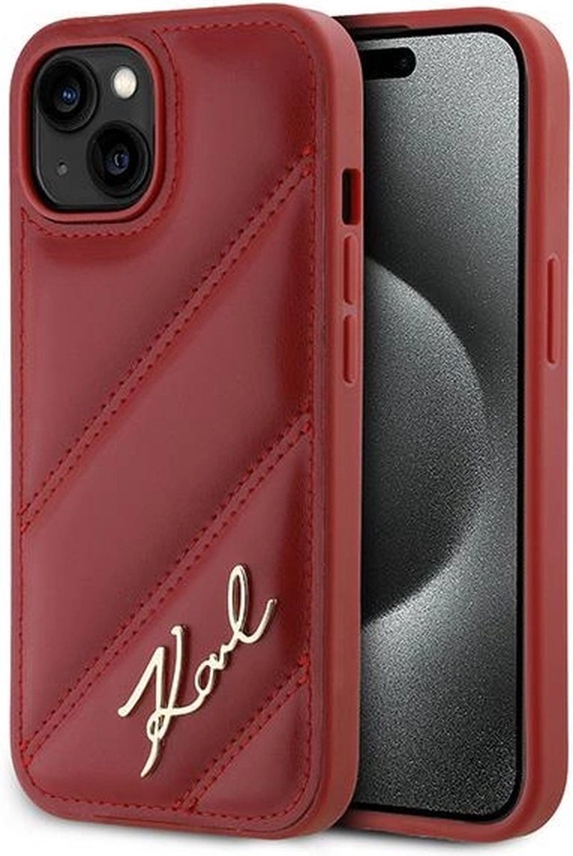 Karl Lagerfeld Diagonal Quilted Script hoesje voor iPhone 15/14/13 - rood