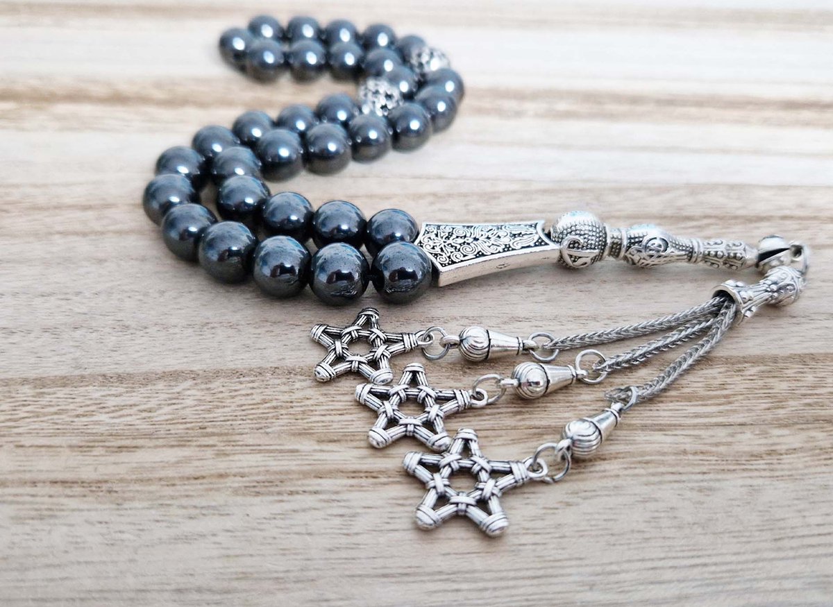 Handgemaakte tesbih "tasbih" natuursteen "Hematiet" - Aantal kralen 33 - Diameter kralen 10 MM - met metaal tassel "model 6" - Een mooi cadeau-idee