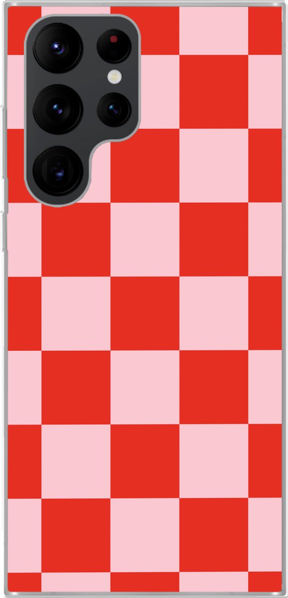 Telefoonhoesje Geschikt voor Samsung Galaxy S22 Ultra hoesje - Schaakbord patroon - Rood - Roze - Blokjes - Siliconen Telefoonhoesje Telefoonhoesje