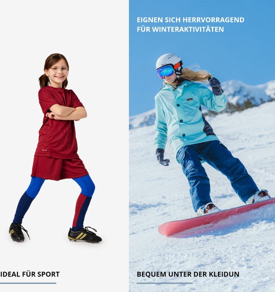 Kind draagt bordeauxrood sportshirt met blauwe thermolegging. Meisje op ski's draagt blauwe ski-jas en broek.