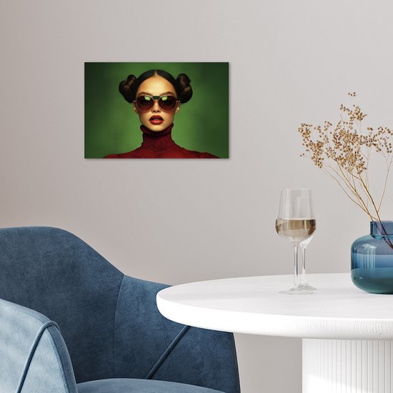 Poster 30x20 cm - Vrouw - Groen - Bril - Aesthetic - Modern - Posters - Kamer decoratie - Wanddecoratie woonkamer - Muurdecoratie slaapkamer