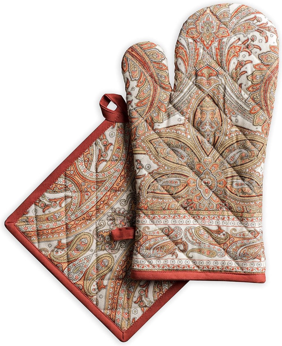 JGS ® Schitterend Paisley Design Ovenhandschoenen en Pannenlappen Set voor Kerst