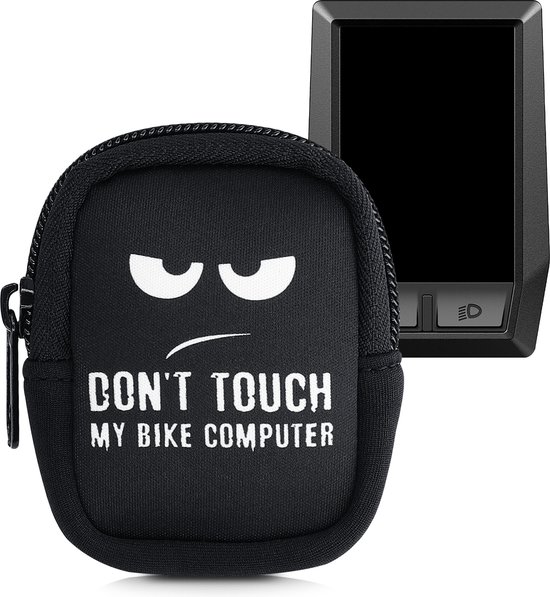 Zwart etui met tekst "DON'T TOUCH MY BIKE COMPUTER" en boze ogen, naast een zwarte fietscomputer.