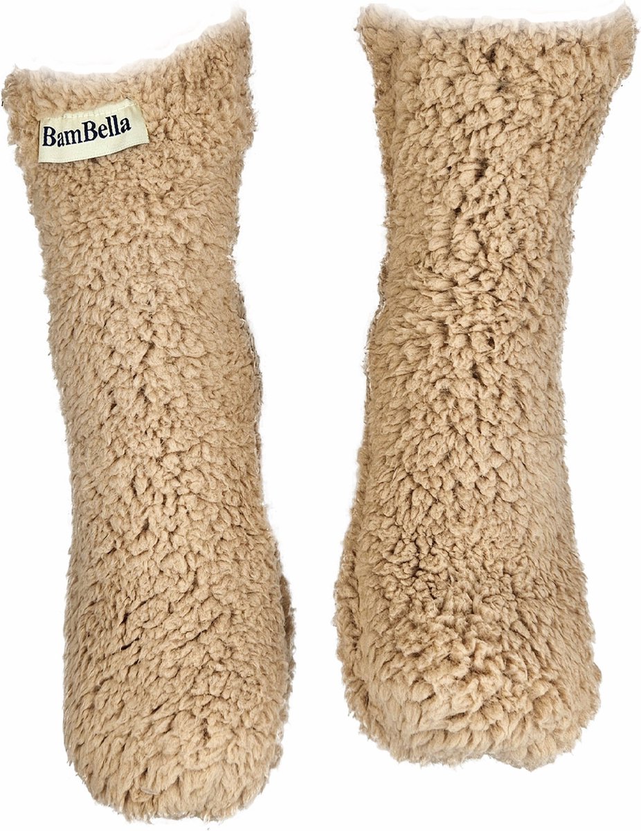 BamBella® - Teddy sokken - maat 35 t/m 41 - Warme winter fluffy dames huissokken antislip Beige Bruin