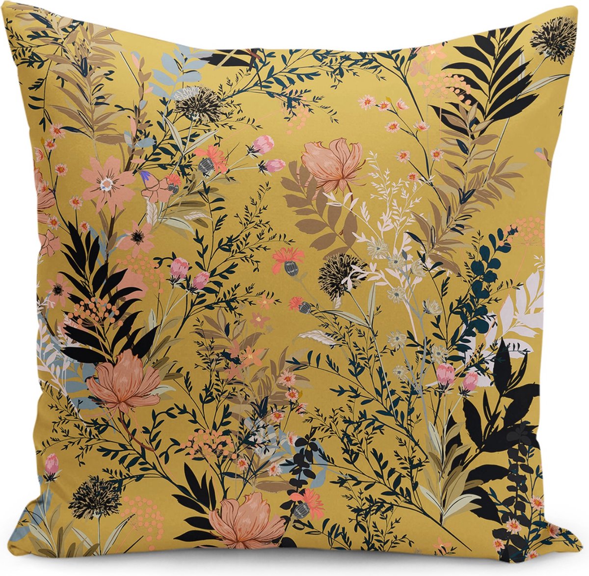 De Groen Home BLOEM Sierkussen Velvet - 50x50 cm - Bloemen op geel - Inclusief binnenkussen - Fluweel