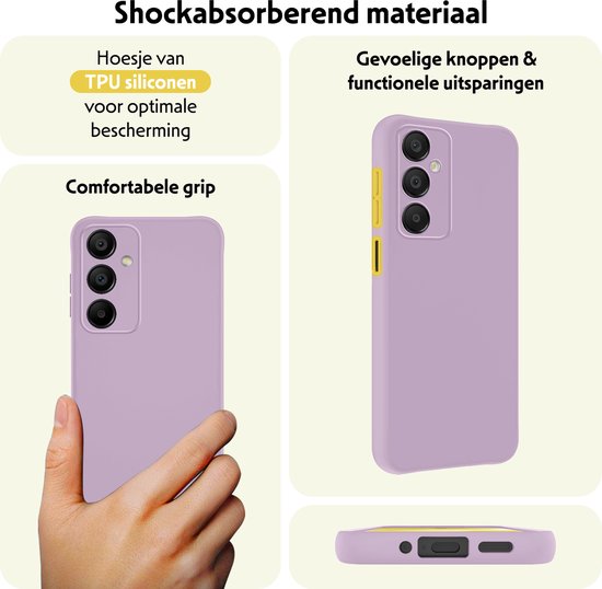 Gedetailleerde afbeelding van een lila telefoonhoesje dat schokabsorberend materiaal, comfortabele grip, gevoelige knoppen en functionele uitsparingen toont.