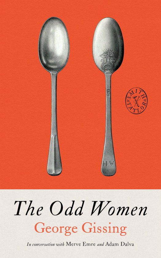 Boekomslag van 'The Odd Women' door George Gissing, met twee zilveren lepels op een oranje achtergrond. De rechterlepel heeft een gegraveerd embleem en initialen.