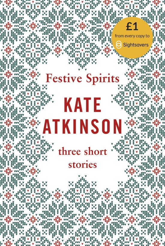 Boekomslag met kersttrui-patroon in rood en groen. Titel: Festive Spirits.