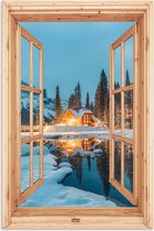 Poster 60x90 cm - Winterlandschap - Natuur - Huis - Bergen - Doorkijk - Raam - Posters - Kamer decoratie - Wanddecoratie woonkamer - Muurdecoratie slaapkamer