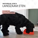 Zwarte hond eet langzaam uit rode sterrenvoerbak. Teksten "NATUURLIJK, LEUK & LANGZAAM ETEN", "VOORKOM MAAGPROBLEMEN".