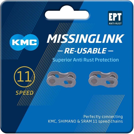 KMC MissingLink 11-speed kettingverbinders, zilverkleurig metaal, verpakt met 'EPT Anti-Rust' logo.