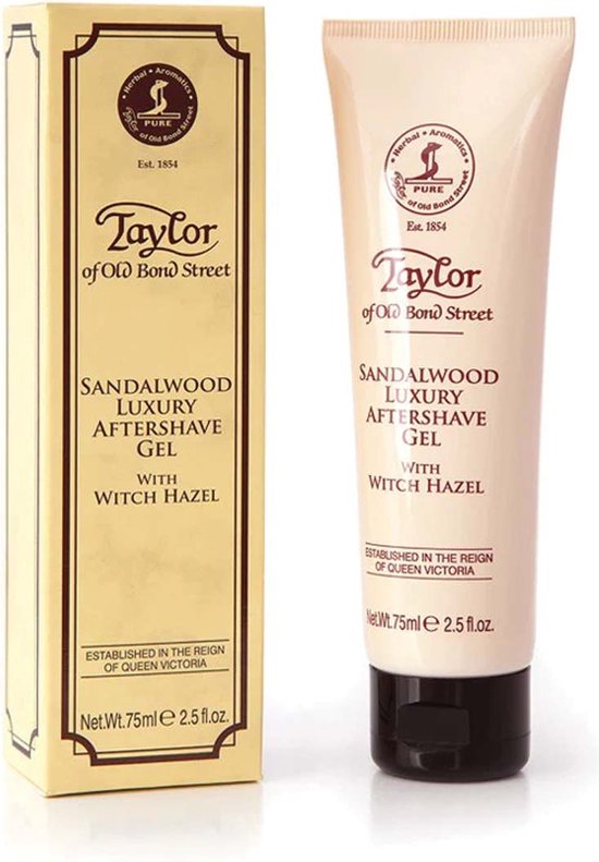 Taylor of Old Bond Street Sandalwood Luxury Aftershave Gel, 75ml, naast de doos.