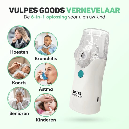 Vulpes Goods® HealthCare - Aerosoltoestel - Ultrasone Vernevelaar Inhalator – Nebulizer - Inhalatieapparaat voor Kinderen, Volwassenen en Baby’s – Oplaadbaar - 2 modes – Helpt tegen Luchtwegaandoeningen - Incl. 4 mondstukken & luxe reistas